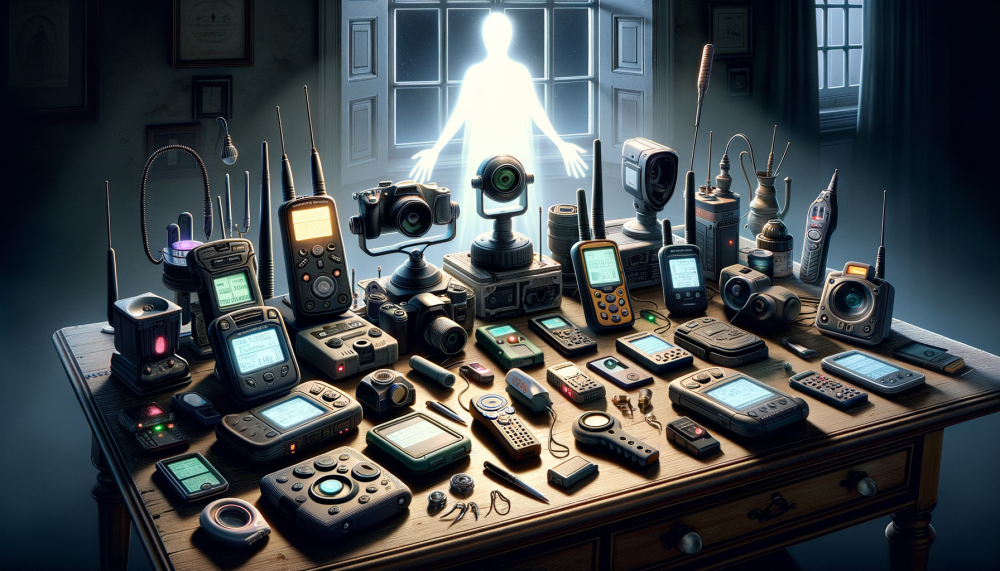 table full of ghost hunting equipment that is need on a hunt